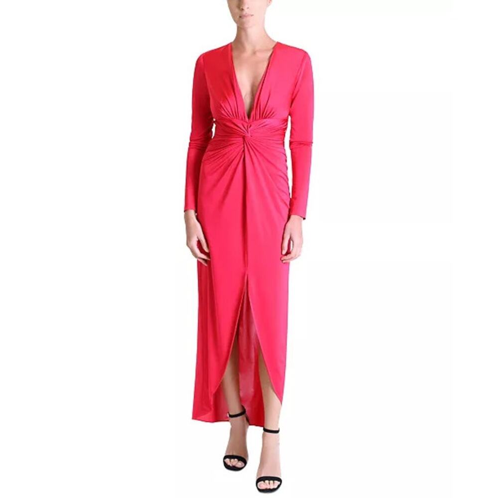 Julia Jordan Plunge V-Neck Draped Maxi Dress Red Long Sleeve Womens 14 NEW Gown